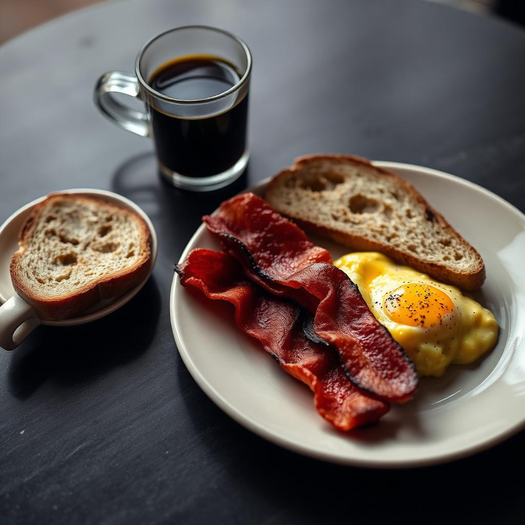 Bacon and scrambled eggs with sourdough toast