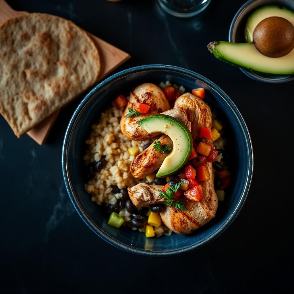 Chicken burrito bowl with brown rice, black beans, corn and avocado