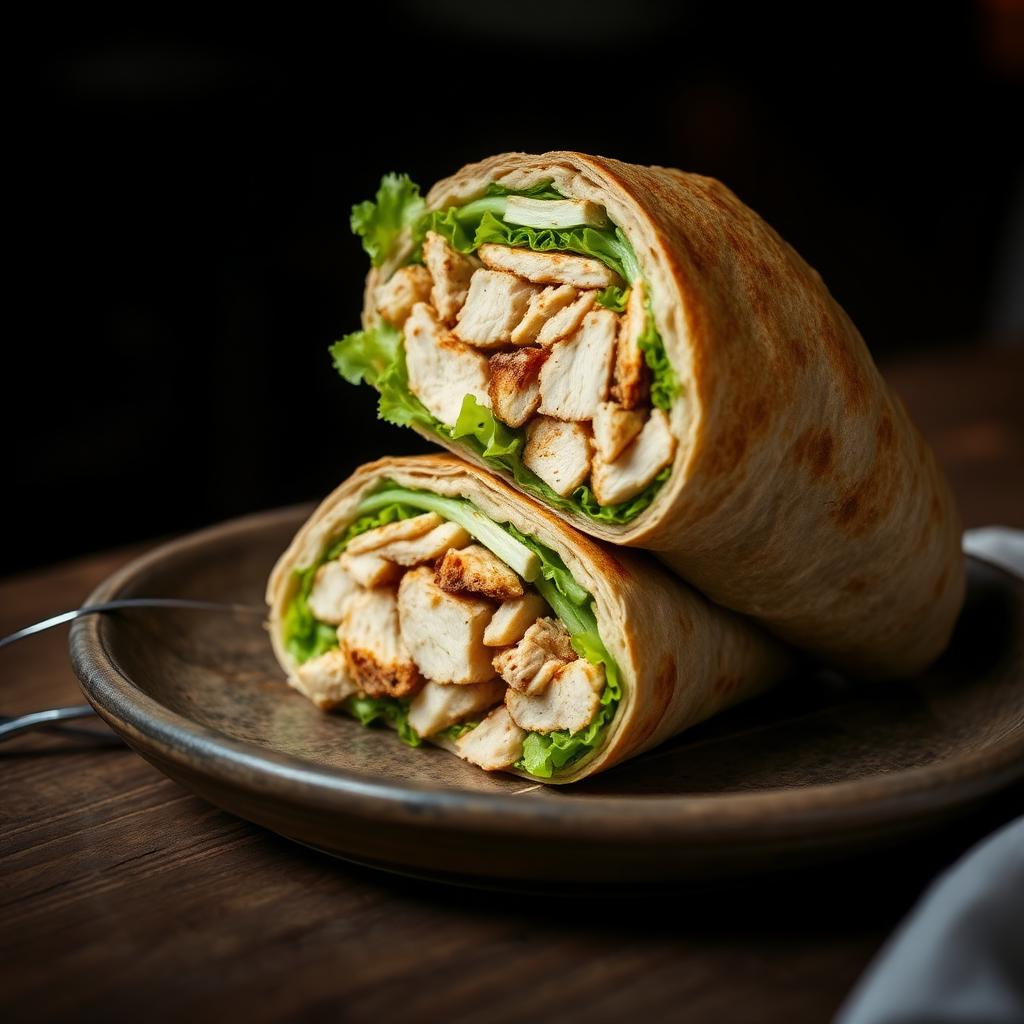 Grilled chicken wrap cut in half on a rustic plate