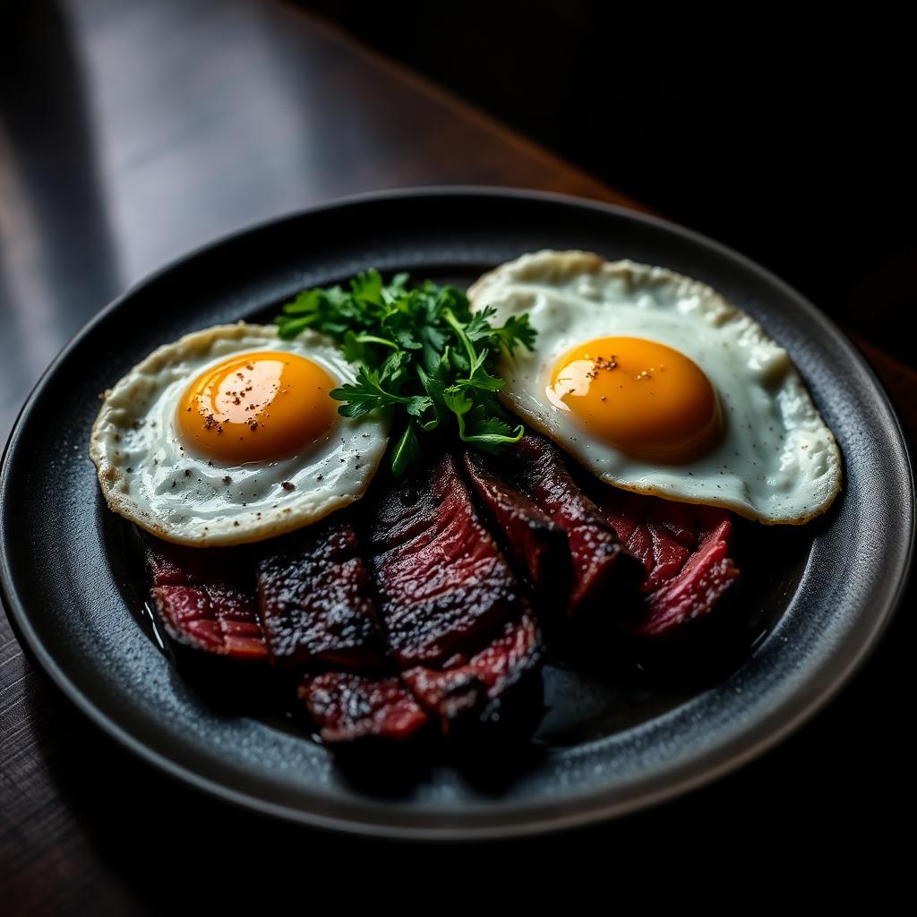 Sliced steak with two fried eggs and herbs